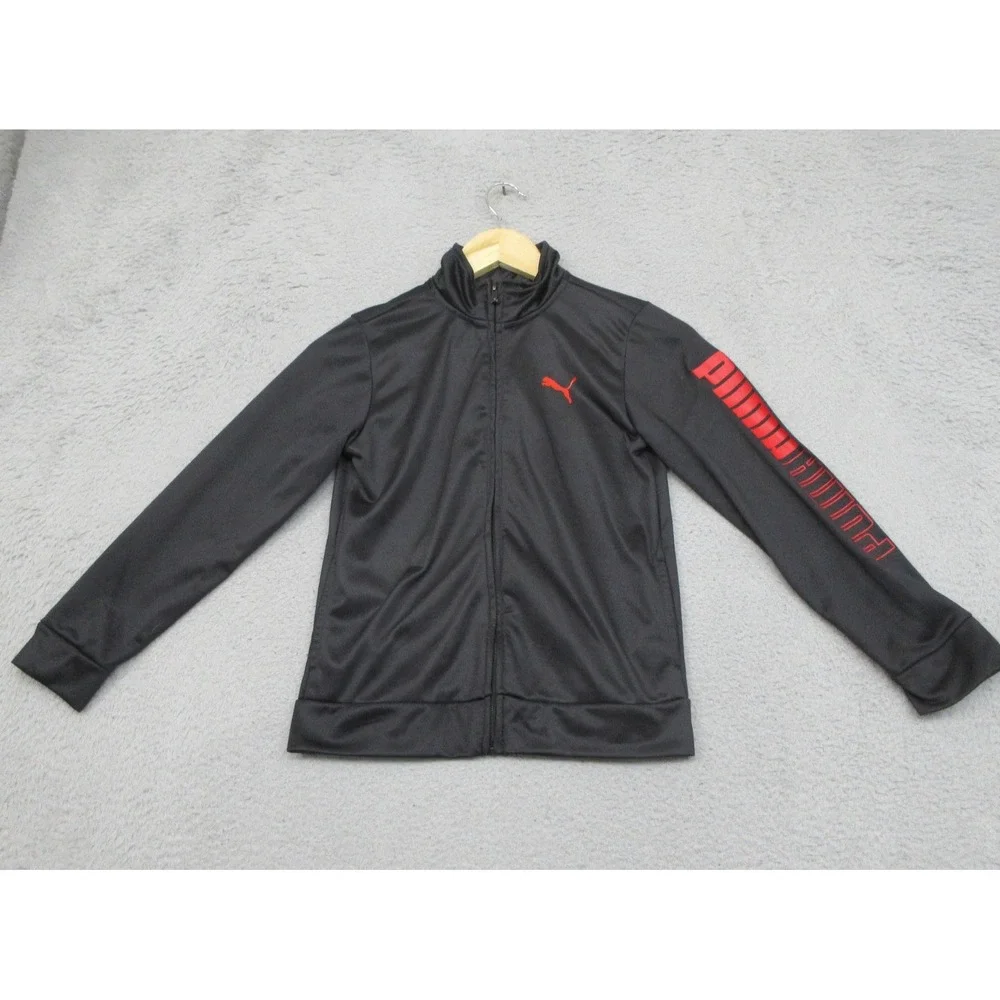 PUMA Track Jacket Youth Large Black Red Full Zip Logo Sleeve Athletic Sport